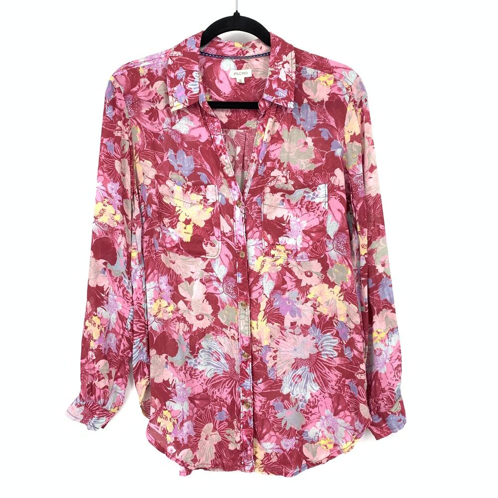 Anthropologie Pilcro Button Front Semi Sheer Blouse Womens Sz XS Red Pink Floral